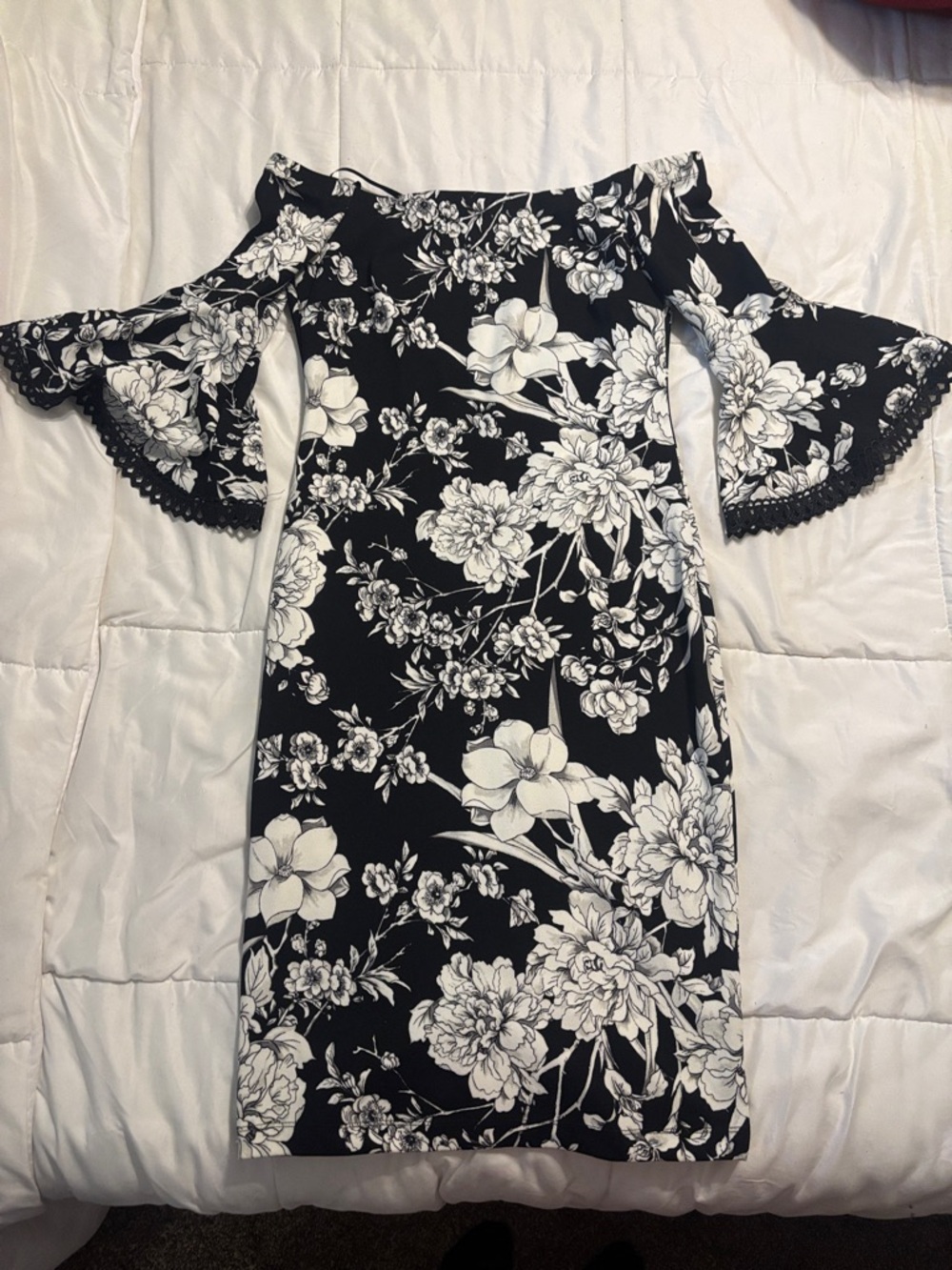 Off-Shoulder Black & White Floral Dress